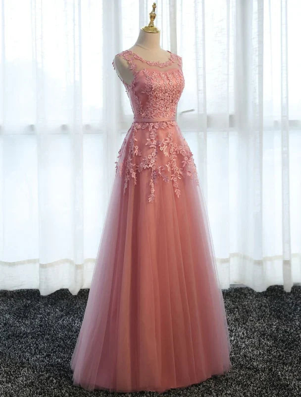 A Line Long Lace Party Dress Applique Tulle Formal Dress Prom Dresses Floor Length