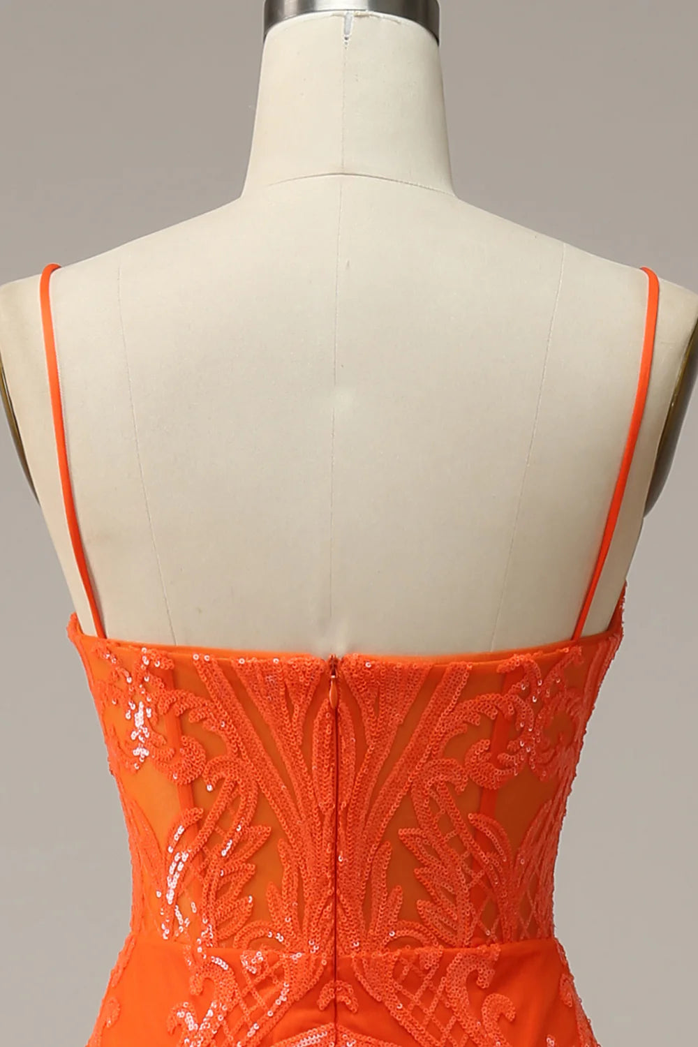 Sheath/Mermaid Spaghetti Straps Orange Sequins Long Sweep/Brush Train Prom Dress with Slit