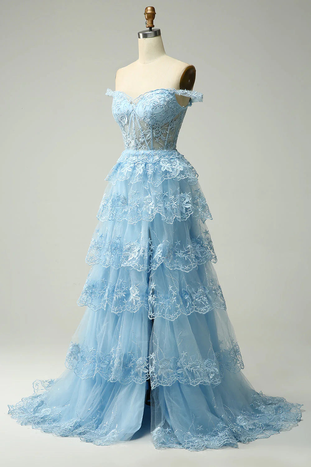A Line Lace Layers Off the Shoulder Blue Gold Long Prom Dress with Appliques Beautiful