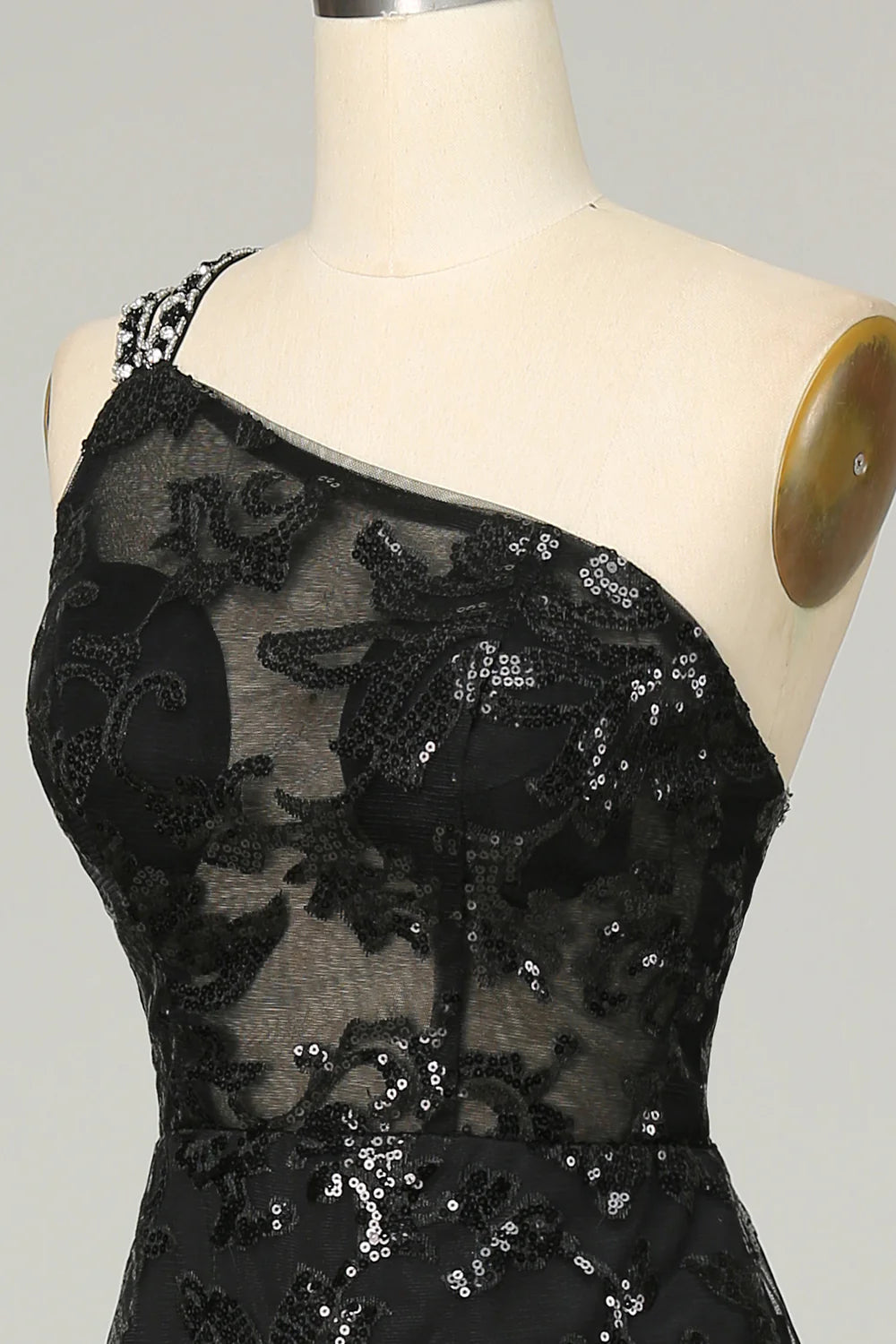 Mermaid Lace Black Spaghetti Straps Sleek Glitter Sparking One Shoulder Prom Dress with Sequins