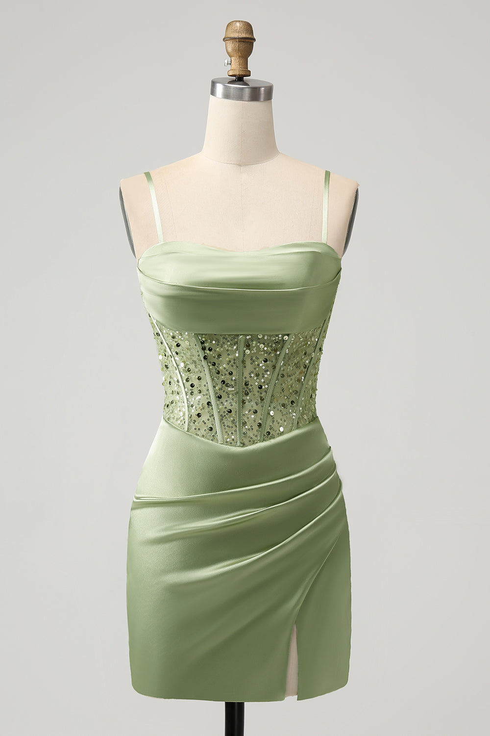 Sparkly Sage Bodycon Sequin Corset Short Homecoming Dress with Slit Sexy