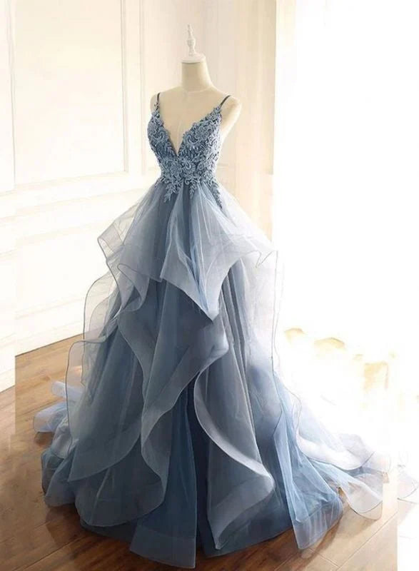 Spaghetti Straps V Neck Ruffles Prom Dress Floor Length Sexy Evening Dress