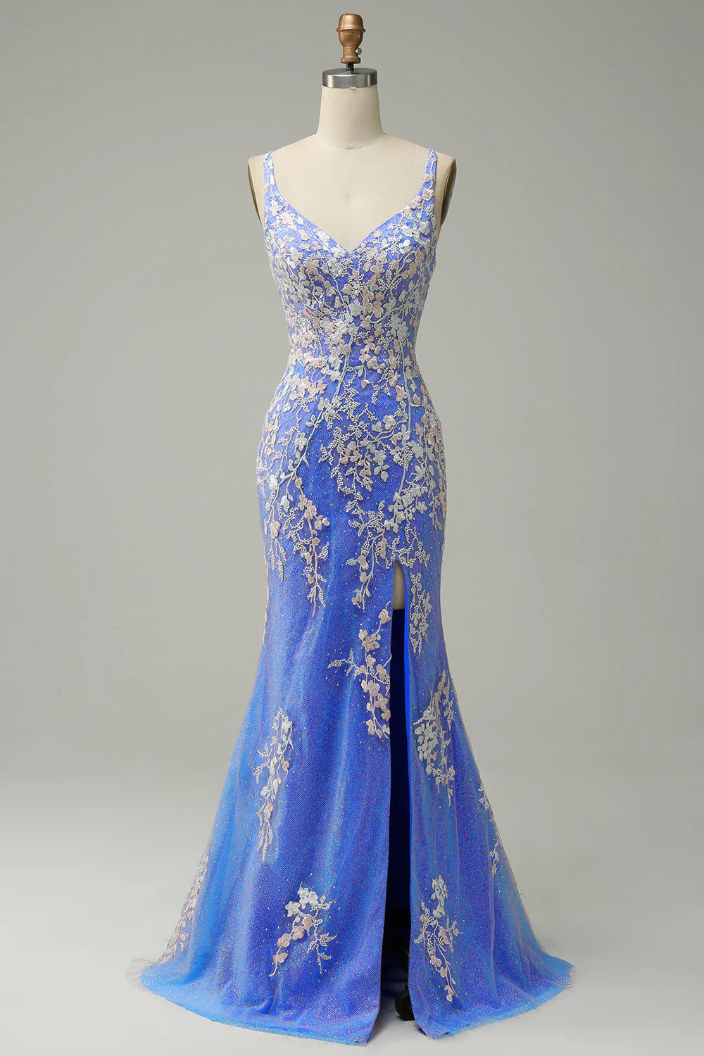 Mermaid V Neck Light Blue Beading Long Prom Dress with Appliques
