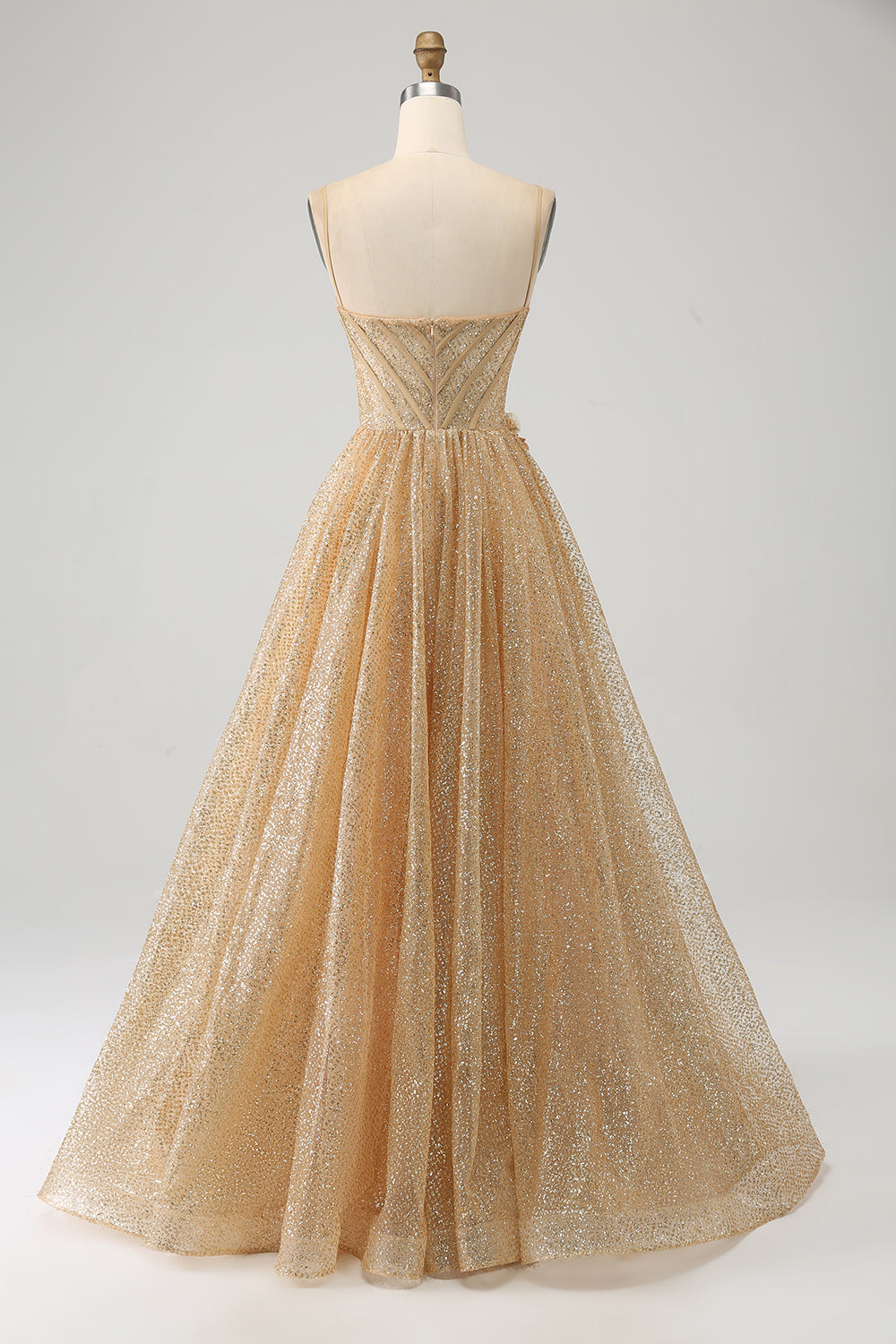 Glitter Golden Corset Long Prom Dress with Flowers Sparkly