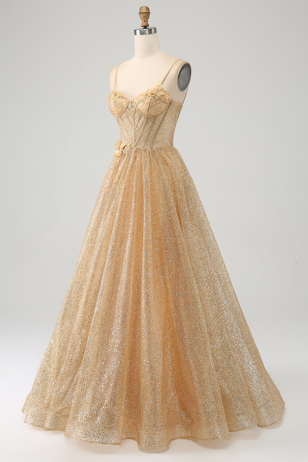 Glitter Golden Corset Long Prom Dress with Flowers Sparkly