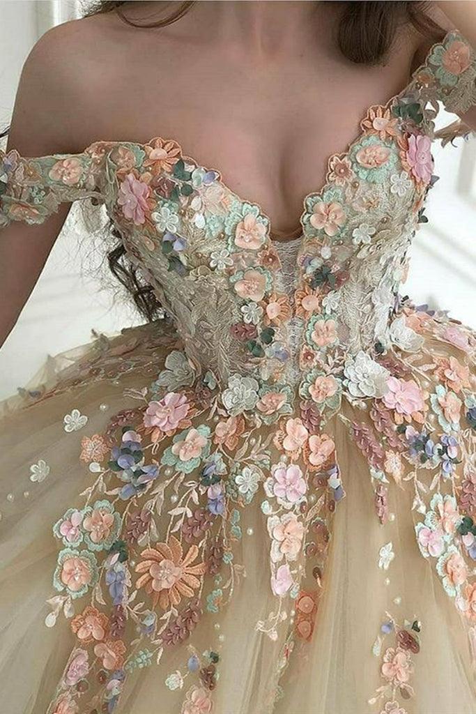 A-Line Sweep/Brush Train Dresses Gorgeous Dress Off Shoulder Champagne Lace Floral Prom Dress Formal Dress