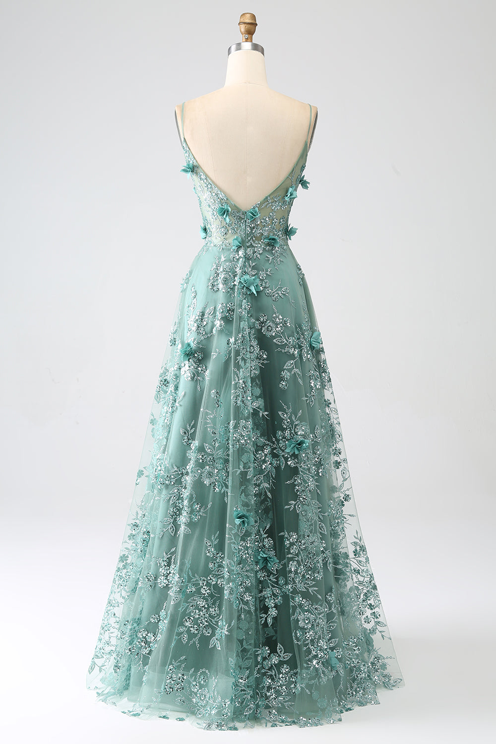Glitter Grey Green Lace Flower Long Corset Prom Dress Beautiful