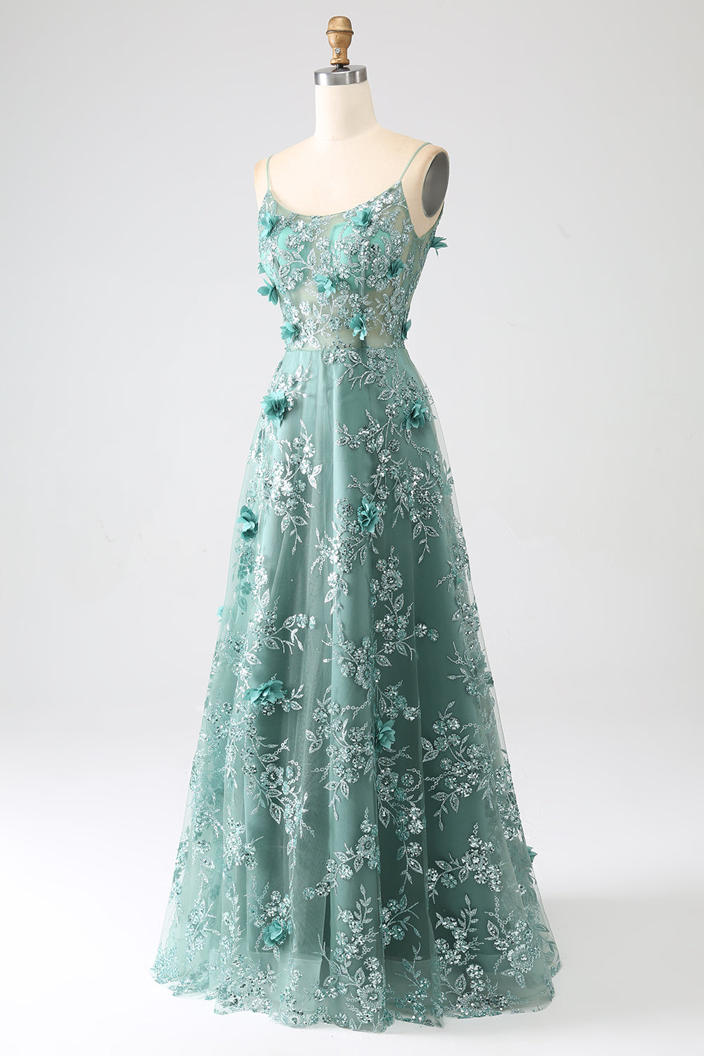 Glitter Grey Green Lace Flower Long Corset Prom Dress Beautiful