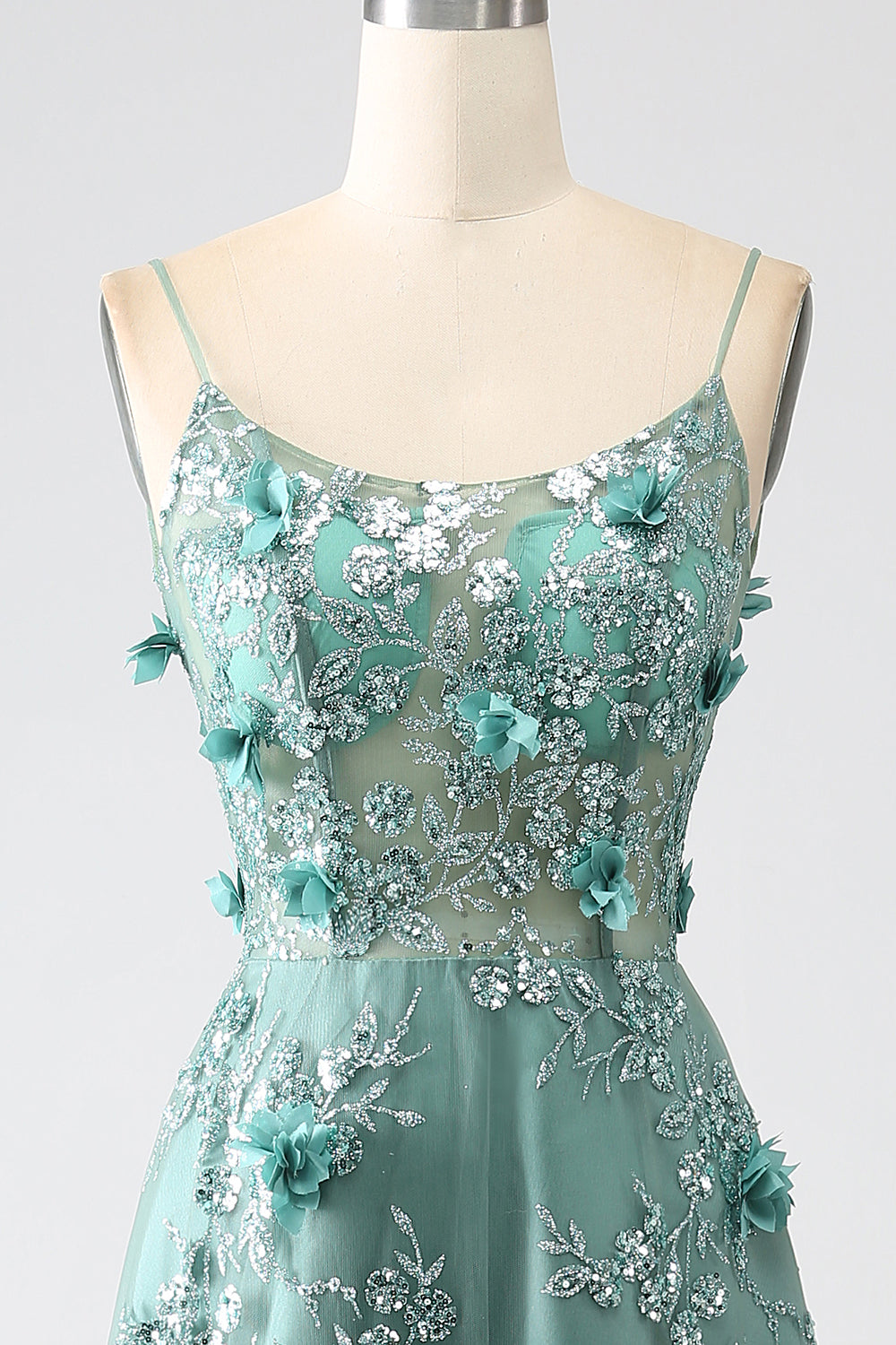 Glitter Grey Green Lace Flower Long Corset Prom Dress Beautiful