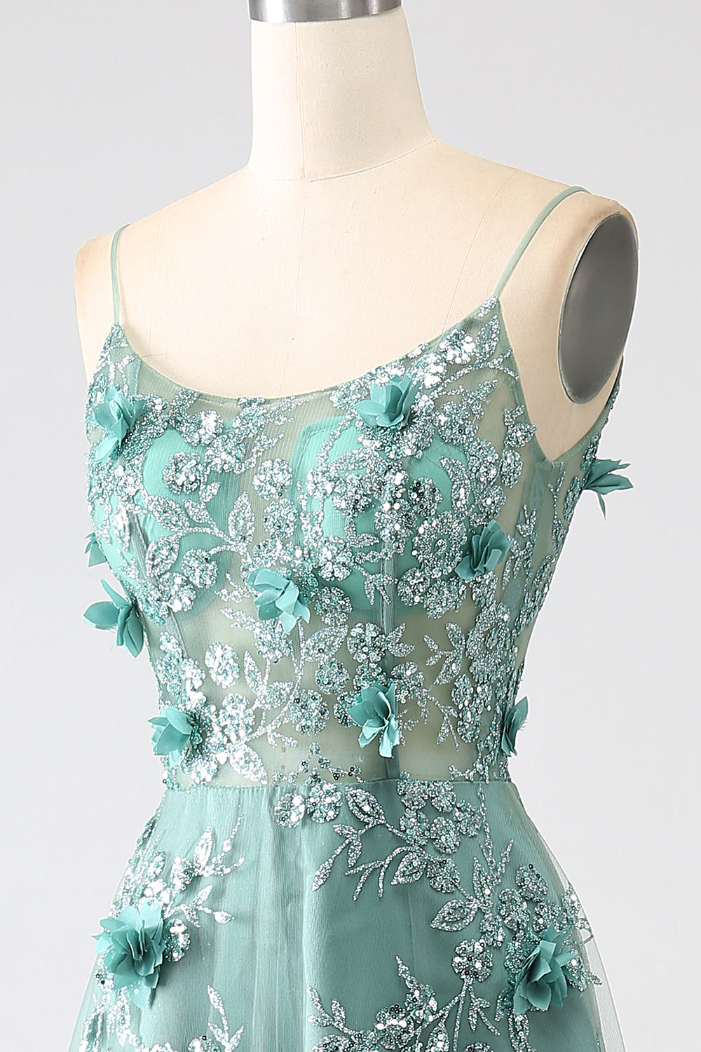Glitter Grey Green Lace Flower Long Corset Prom Dress Beautiful