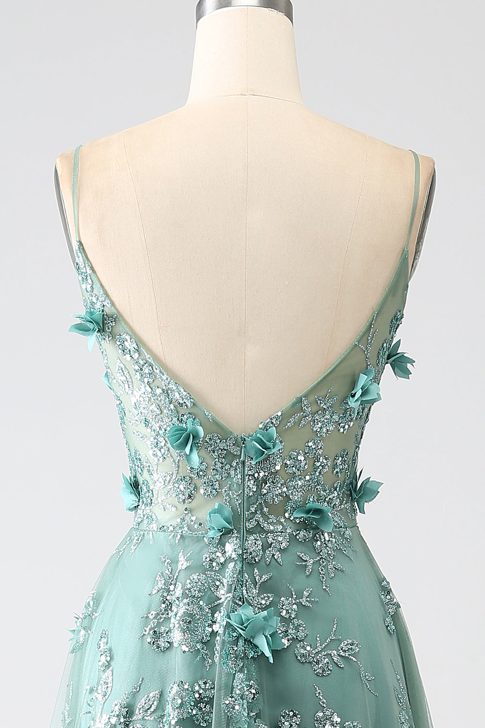 Glitter Grey Green Lace Flower Long Corset Prom Dress Beautiful