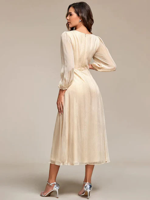 See-Through Long Sleeve Twist Knot A-Line Lotus Leaf Shimmering Evening Dress/Prom Dresses Party Dresses