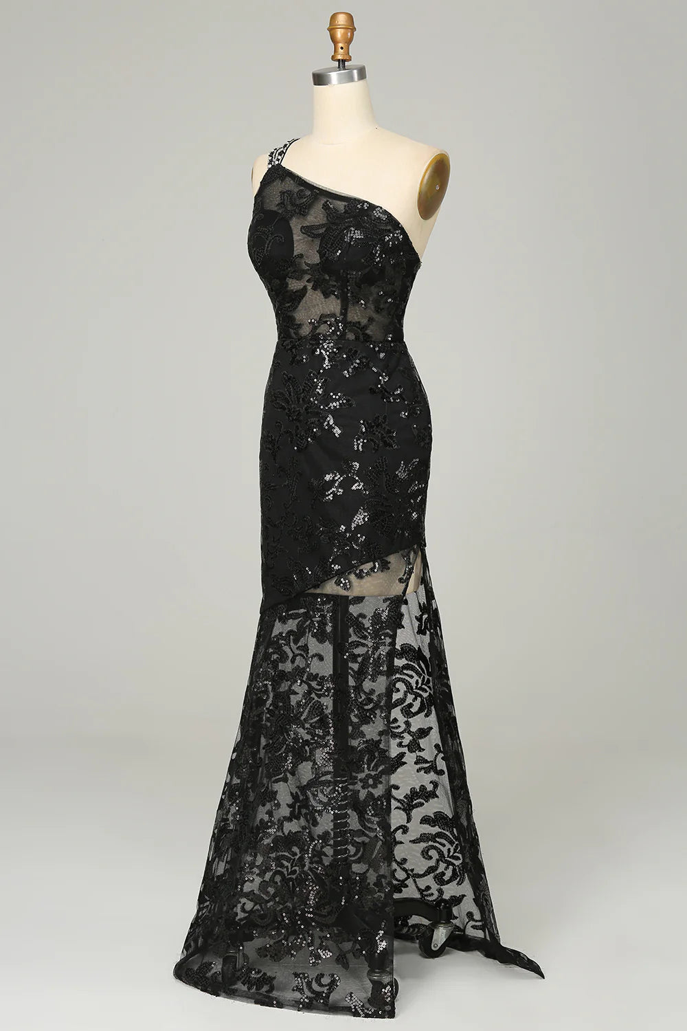 Mermaid Lace Black Spaghetti Straps Sleek Glitter Sparking One Shoulder Prom Dress with Sequins