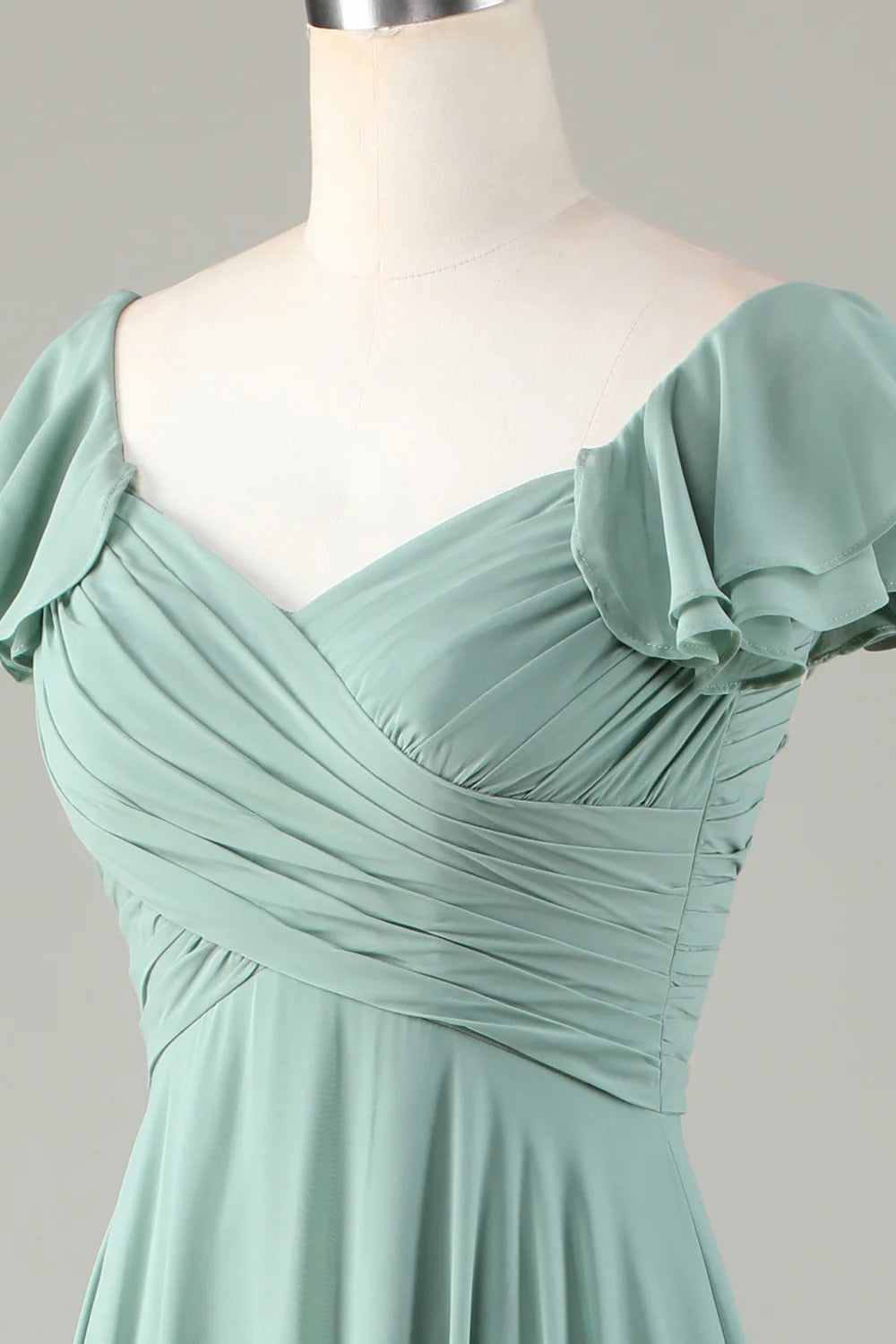 Matcha Lace-Up Back Criss Cross Bridesmaid Dress with Ruffles
