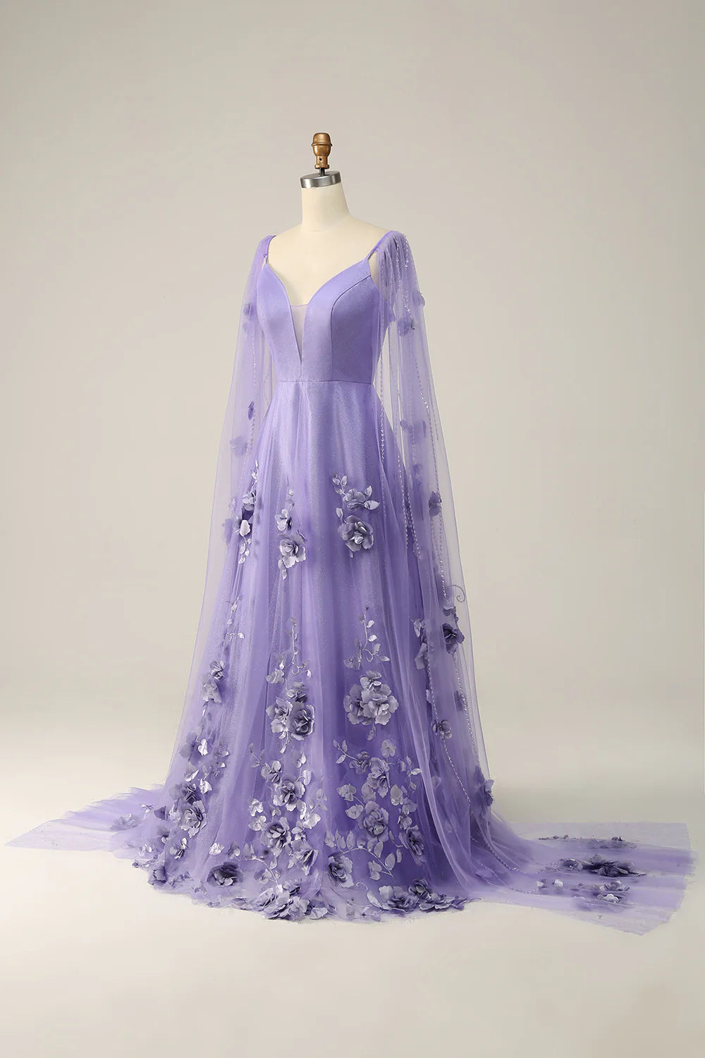 Tulle Low V Neck Sweep/Brush Train Prom Dresses Dress With 3D Flowers Beautiful