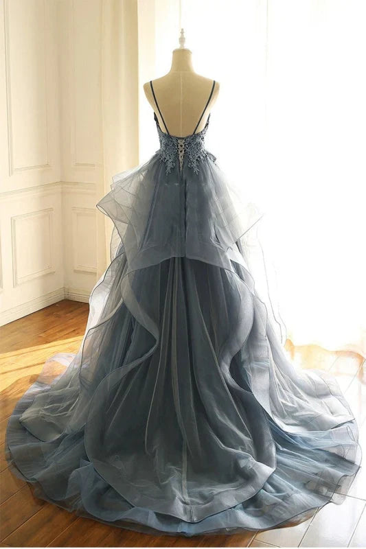 Spaghetti Straps V Neck Ruffles Prom Dress Floor Length Sexy Evening Dress