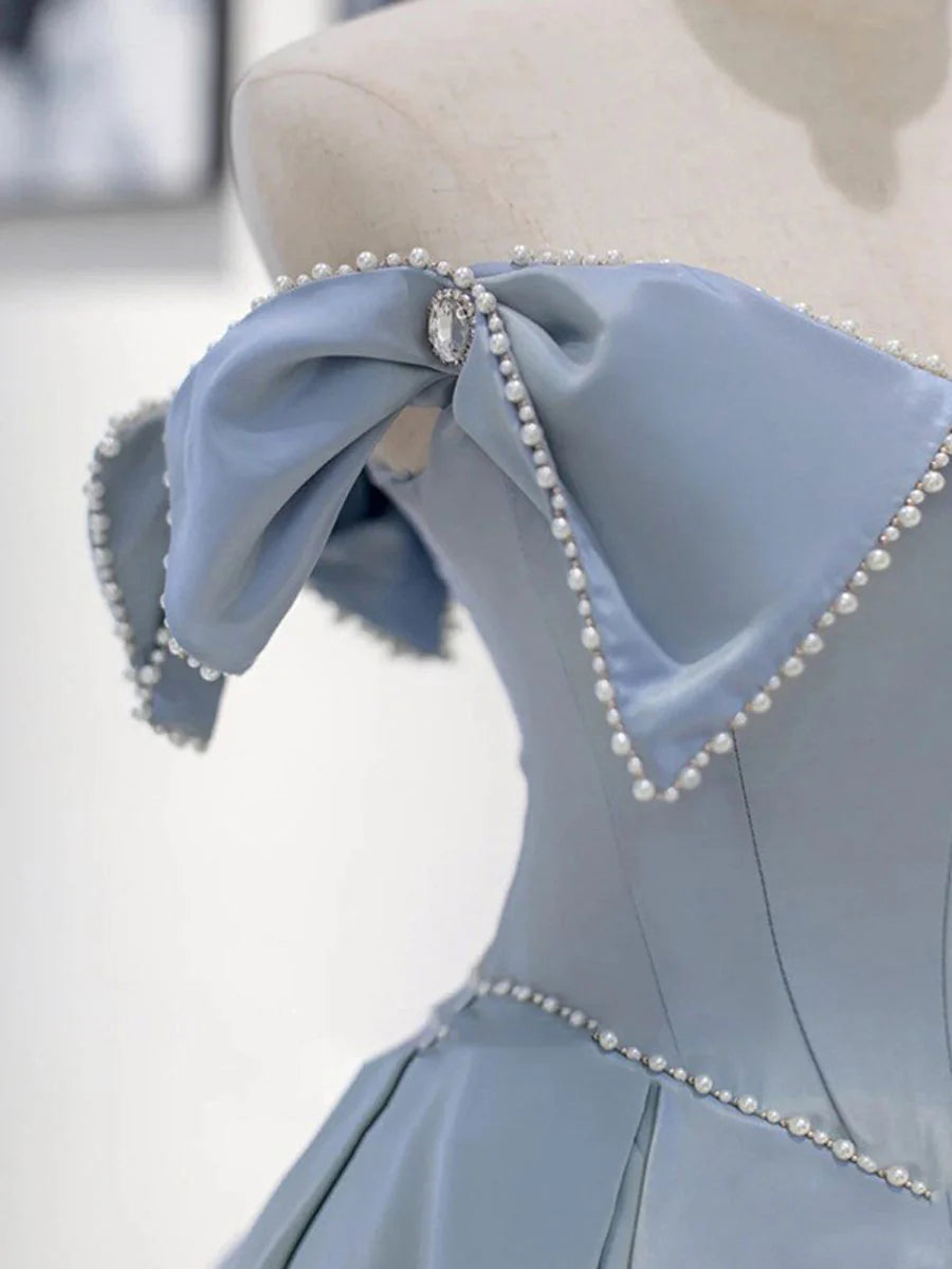 Blue Satin long prom dress A line bridesmaid dress Off Shoulder Elegant Evening Dress Formal Dress