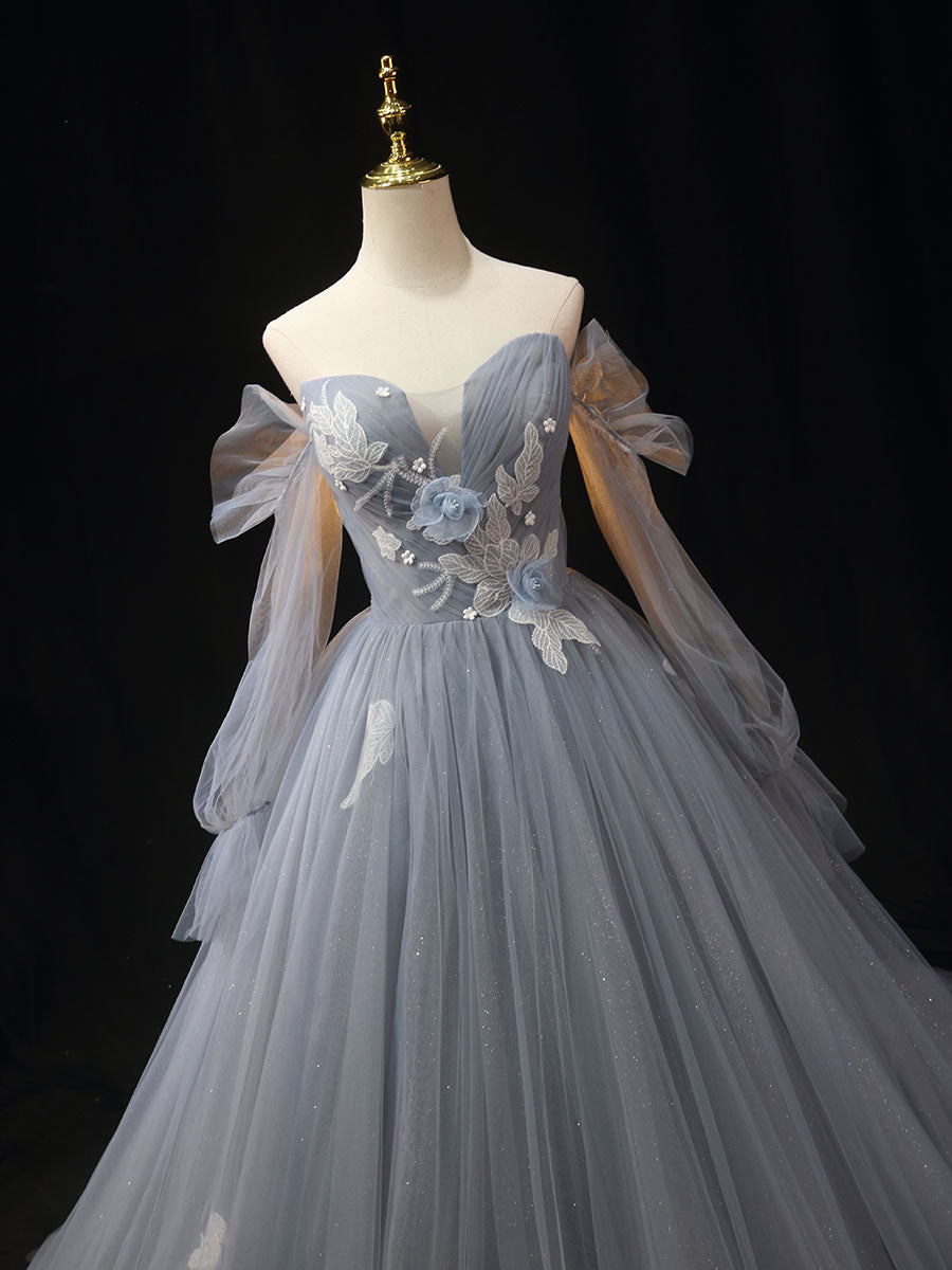 Gray A-Line Tulle Lace Long Prom Dress Shiny Lace Formal Dress Off Shoulder
