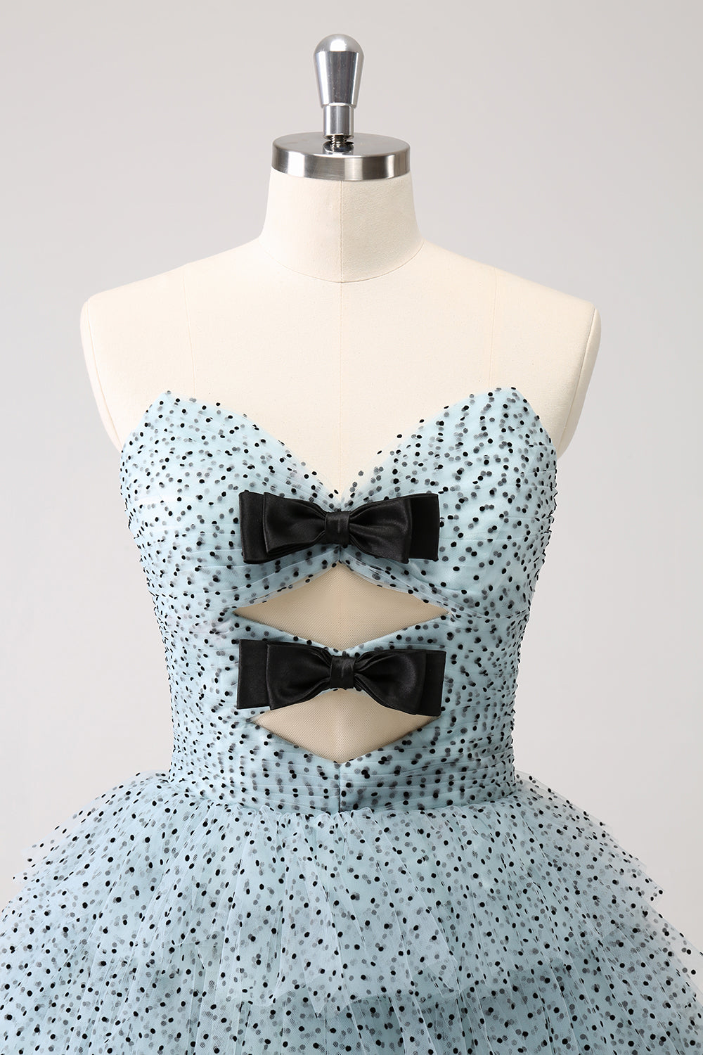Elegant A Line Strapless Tiered Ruffle Cute Blue Homecoming Dress with Bows Beautiful