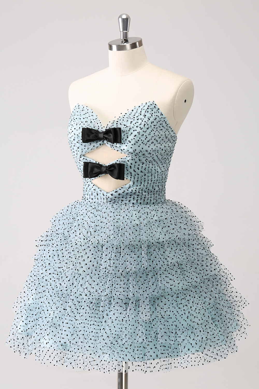 Elegant A Line Strapless Tiered Ruffle Cute Blue Homecoming Dress with Bows Beautiful
