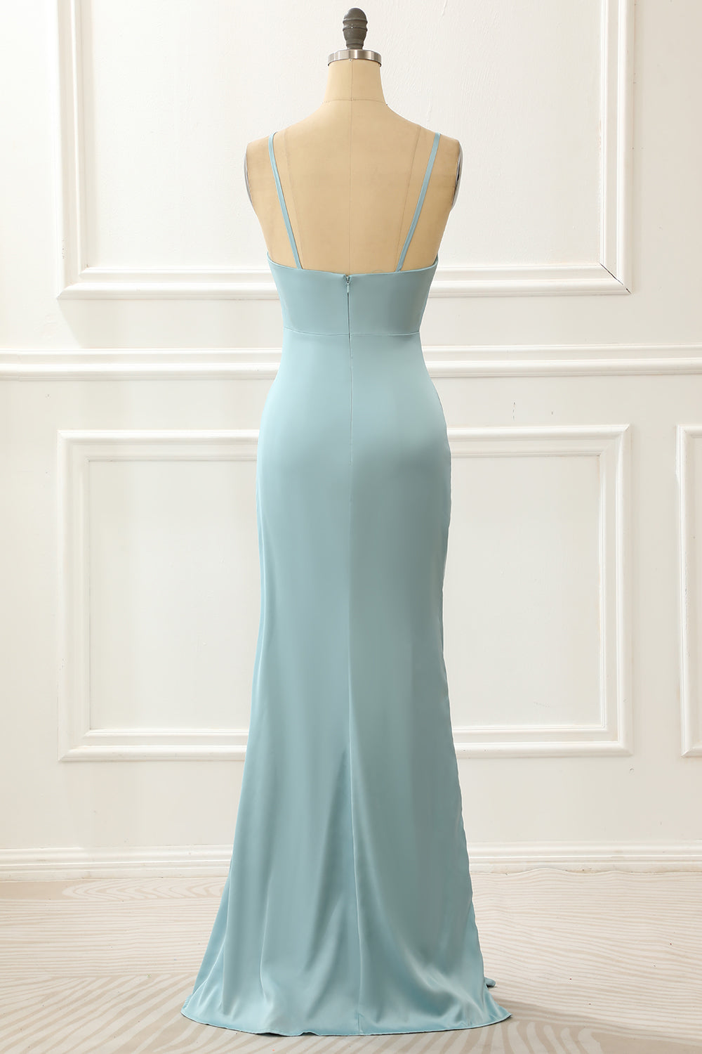 Satin Spaghetti Straps Blue Simple Prom Dress With Slit Party Dress