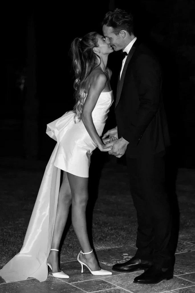 White Strapless Bodycon Mini Wedding Dress Off Shoulder Solid Color Short Formal Dress