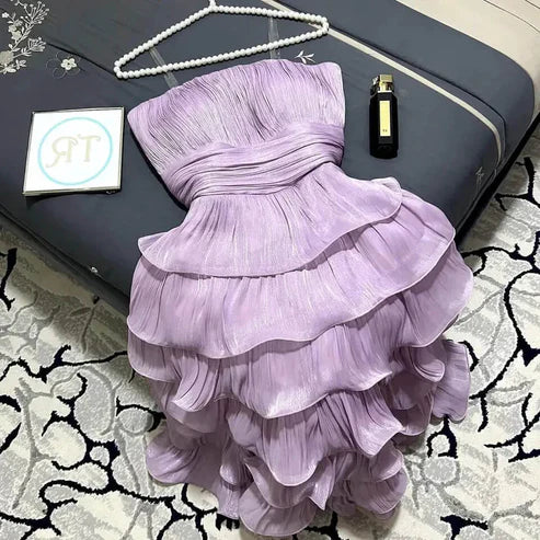 Lilac Strapless Wavy Tiered Mini Party Dress Birthday Outfits Cocktail Dresses