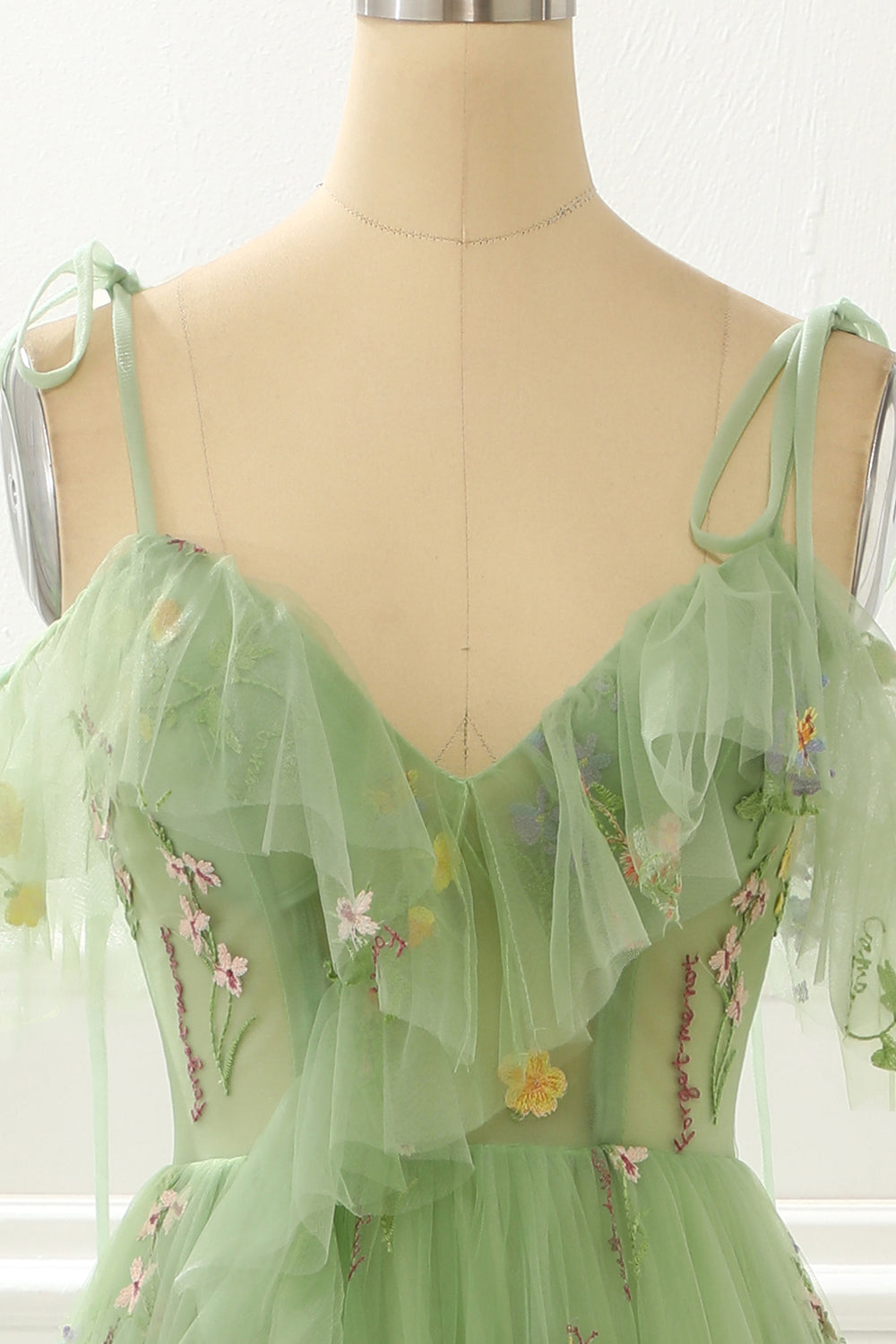 A-Line Embroidery Green Prom Dress With Slit Floor Length Beautiful
