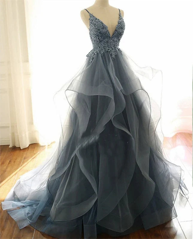 Spaghetti Straps V Neck Ruffles Prom Dress Floor Length Sexy Evening Dress