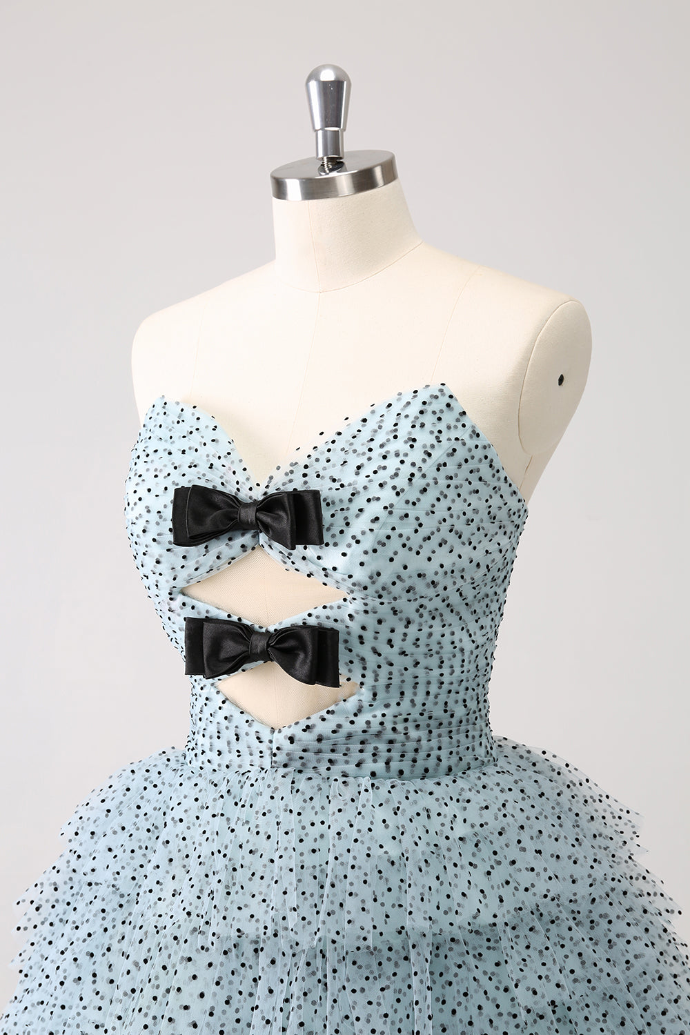 Elegant A Line Strapless Tiered Ruffle Cute Blue Homecoming Dress with Bows Beautiful