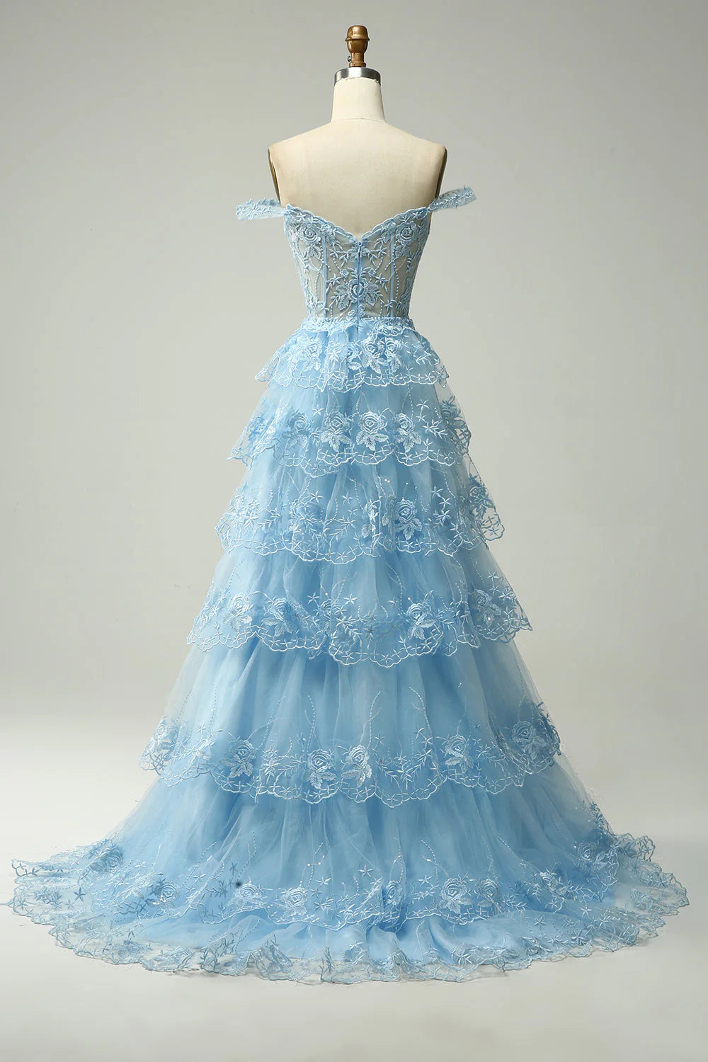 A Line Lace Layers Off the Shoulder Blue Gold Long Prom Dress with Appliques Beautiful