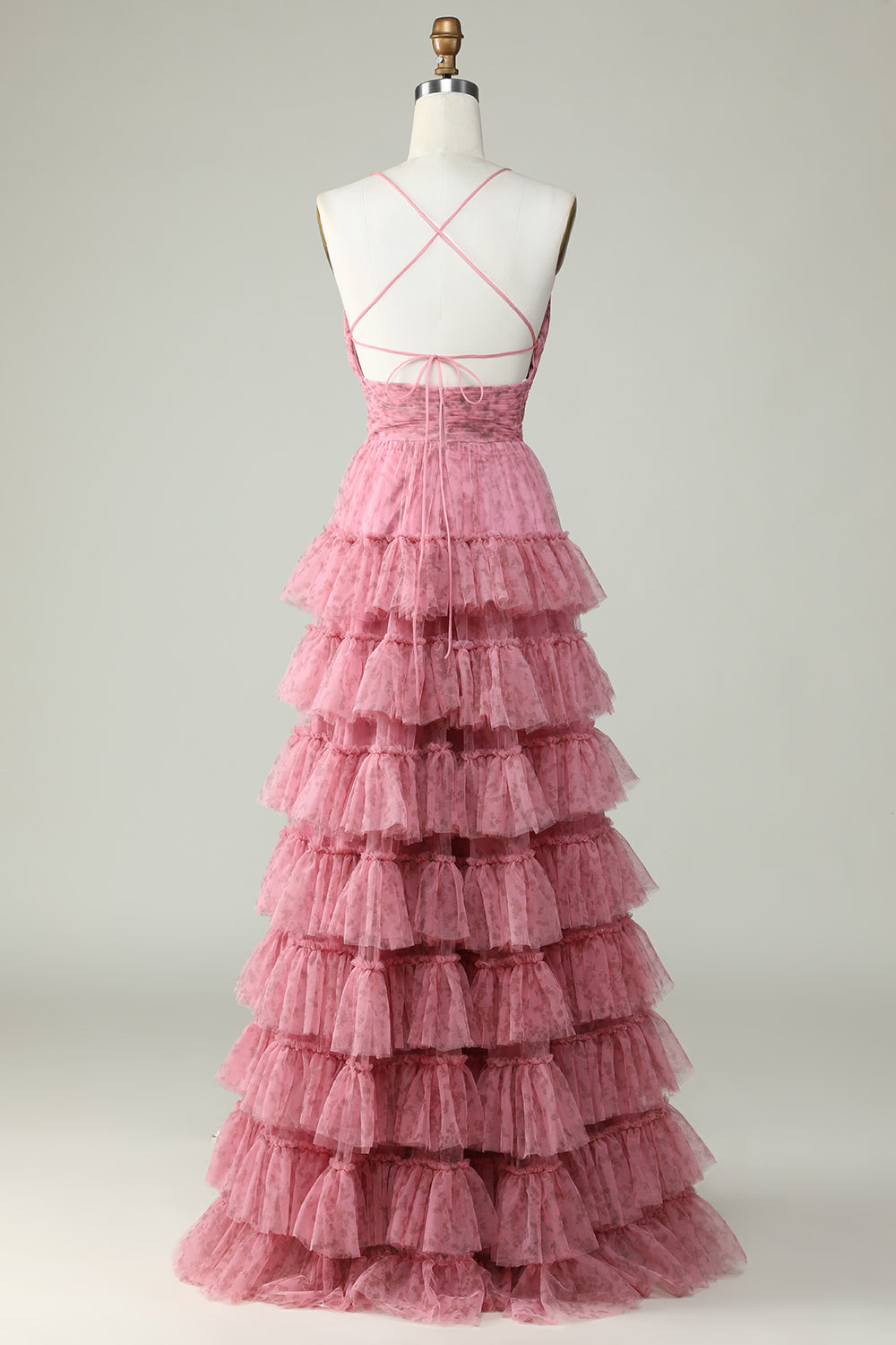 Tulle Spaghetti Straps Layered Prom Dress With Floral Printed Floor Length