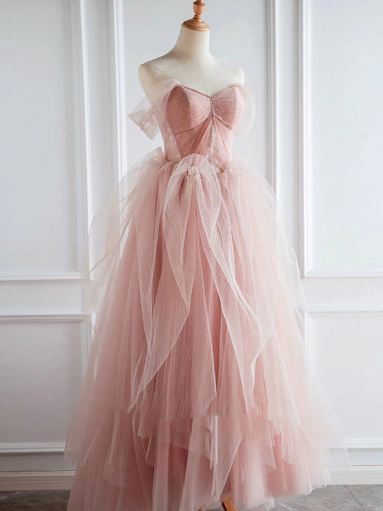 Pink tulle lace long prom dress evening dress A Line Off Shoulder december wedding guest dress