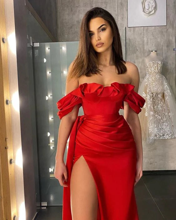Women's High Split Mermaid Off Shoulder Prom Dresses Ruffles Long Evening Gowns Sexy Party Dress