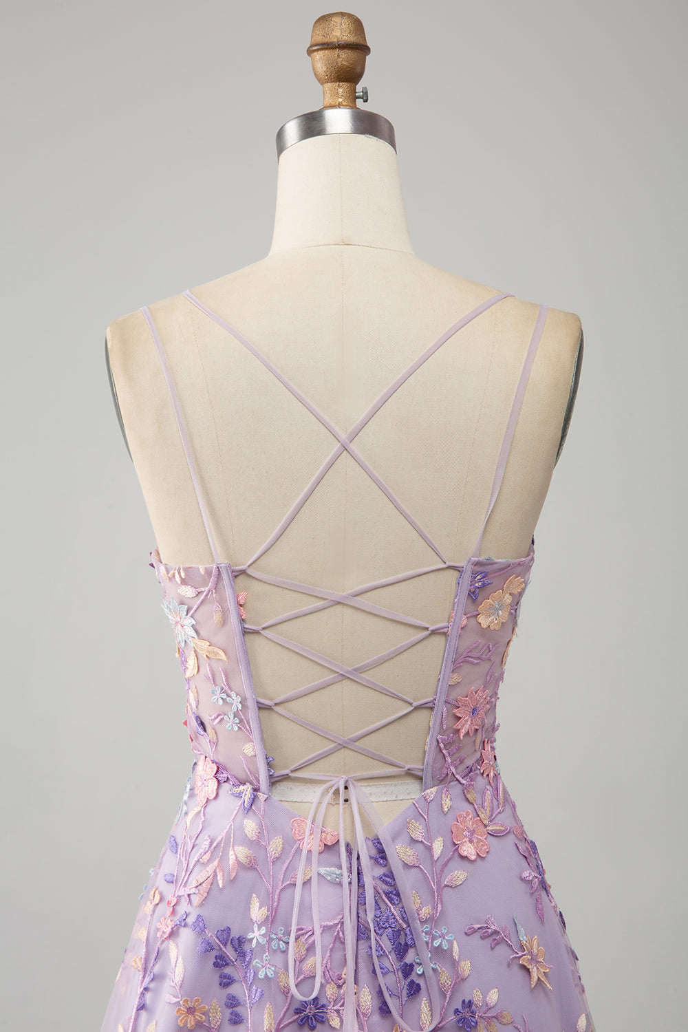 Light Purple A-Line Spaghetti Straps Long Prom Dress with Appliques Flowers