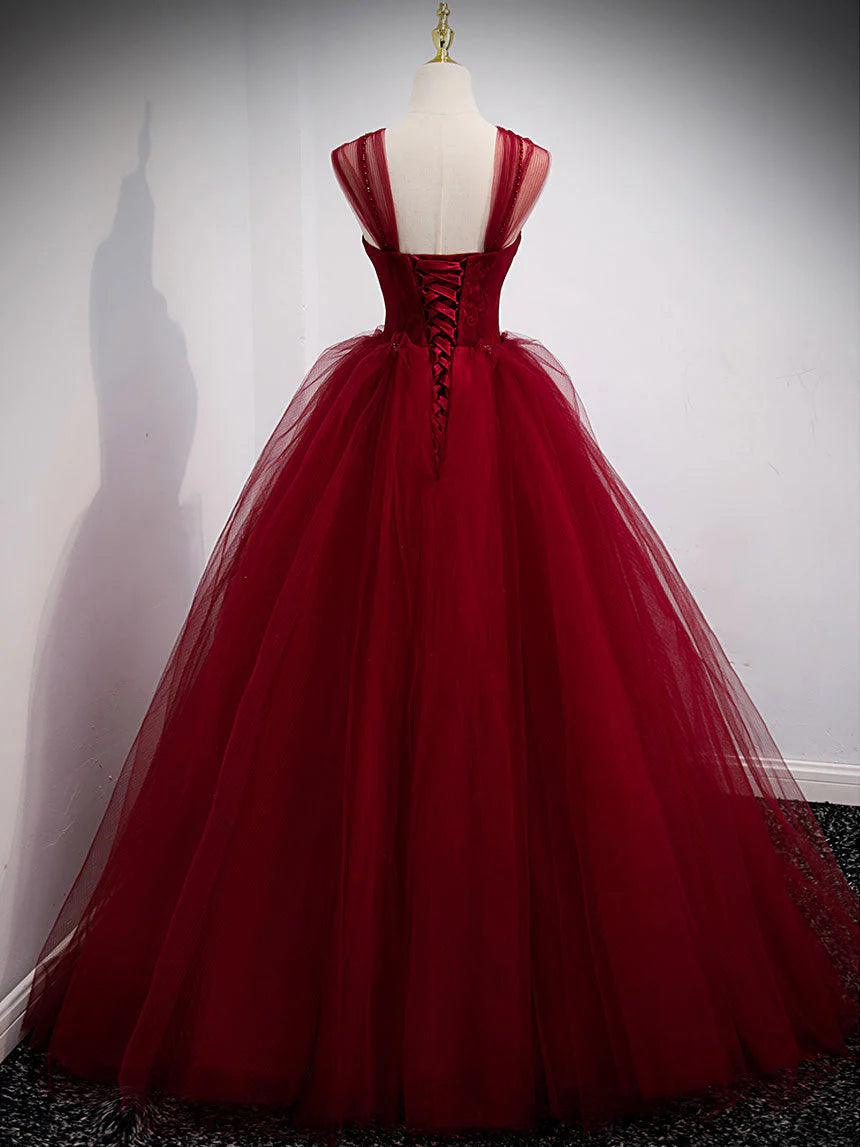 Simple burgundy tulle sequin long prom dress evening dress A Line Formal Dress december wedding guest dress