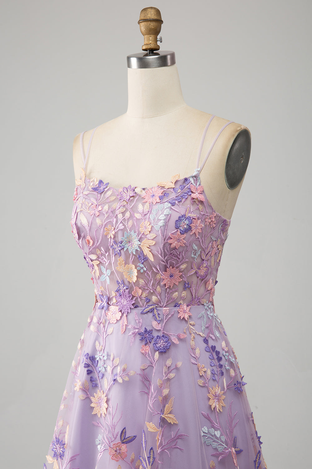 Light Purple A-Line Spaghetti Straps Long Prom Dress with Appliques Flowers