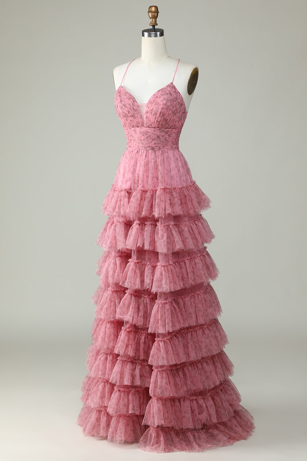 Tulle Spaghetti Straps Layered Prom Dress With Floral Printed Floor Length