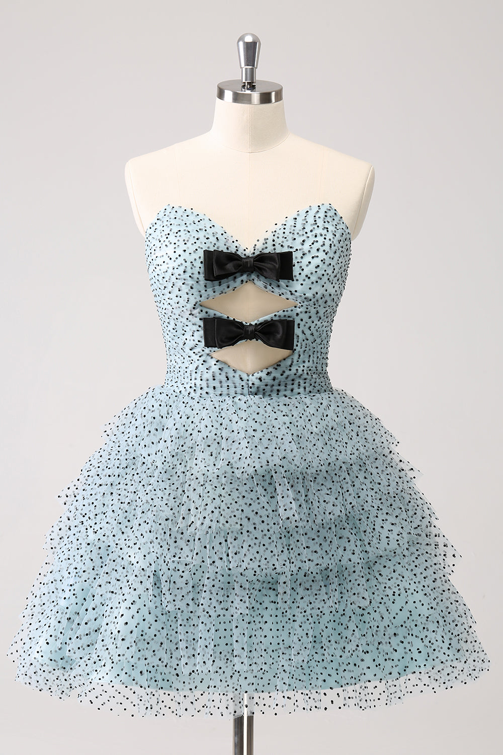 Elegant A Line Strapless Tiered Ruffle Cute Blue Homecoming Dress with Bows Beautiful