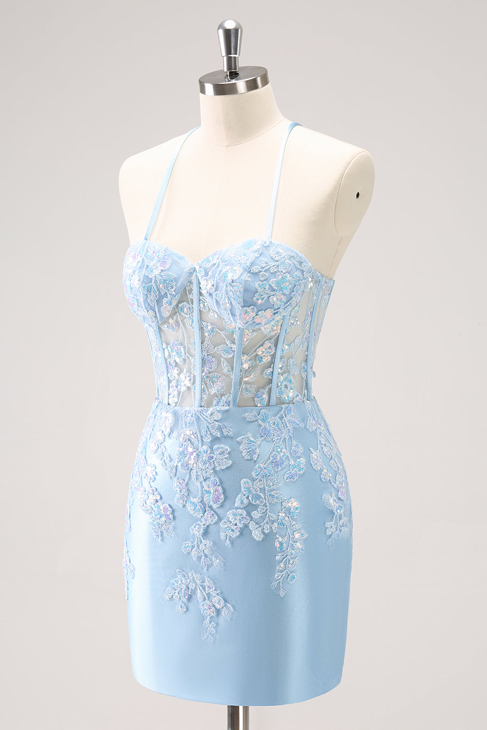 Sparkly Lilac Bodycon Spaghetti Straps Sequin Corset Homecoming Dress with Appliques Beautiful