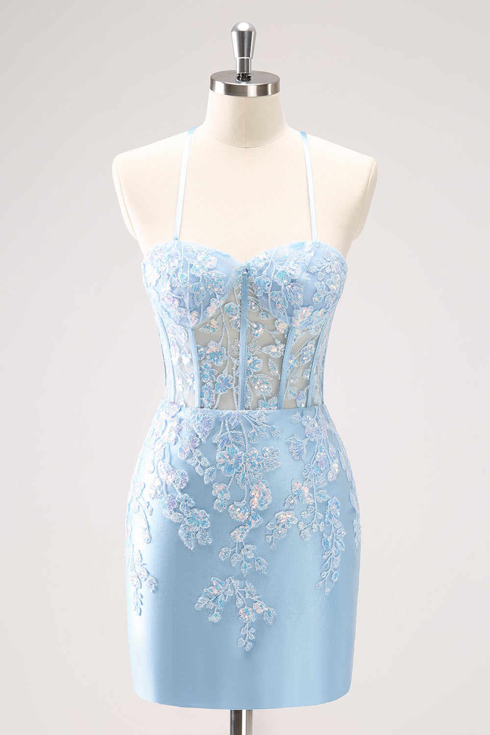 Sparkly Lilac Bodycon Spaghetti Straps Sequin Corset Homecoming Dress with Appliques Beautiful
