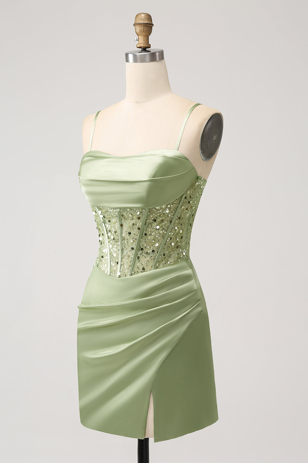 Sparkly Sage Bodycon Sequin Corset Short Homecoming Dress with Slit Sexy