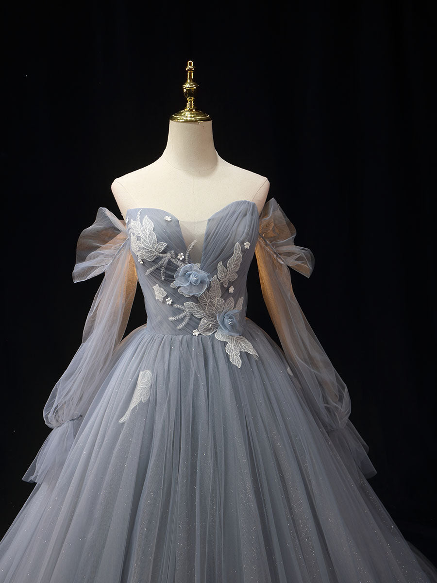 Gray A-Line Tulle Lace Long Prom Dress Shiny Lace Formal Dress Off Shoulder