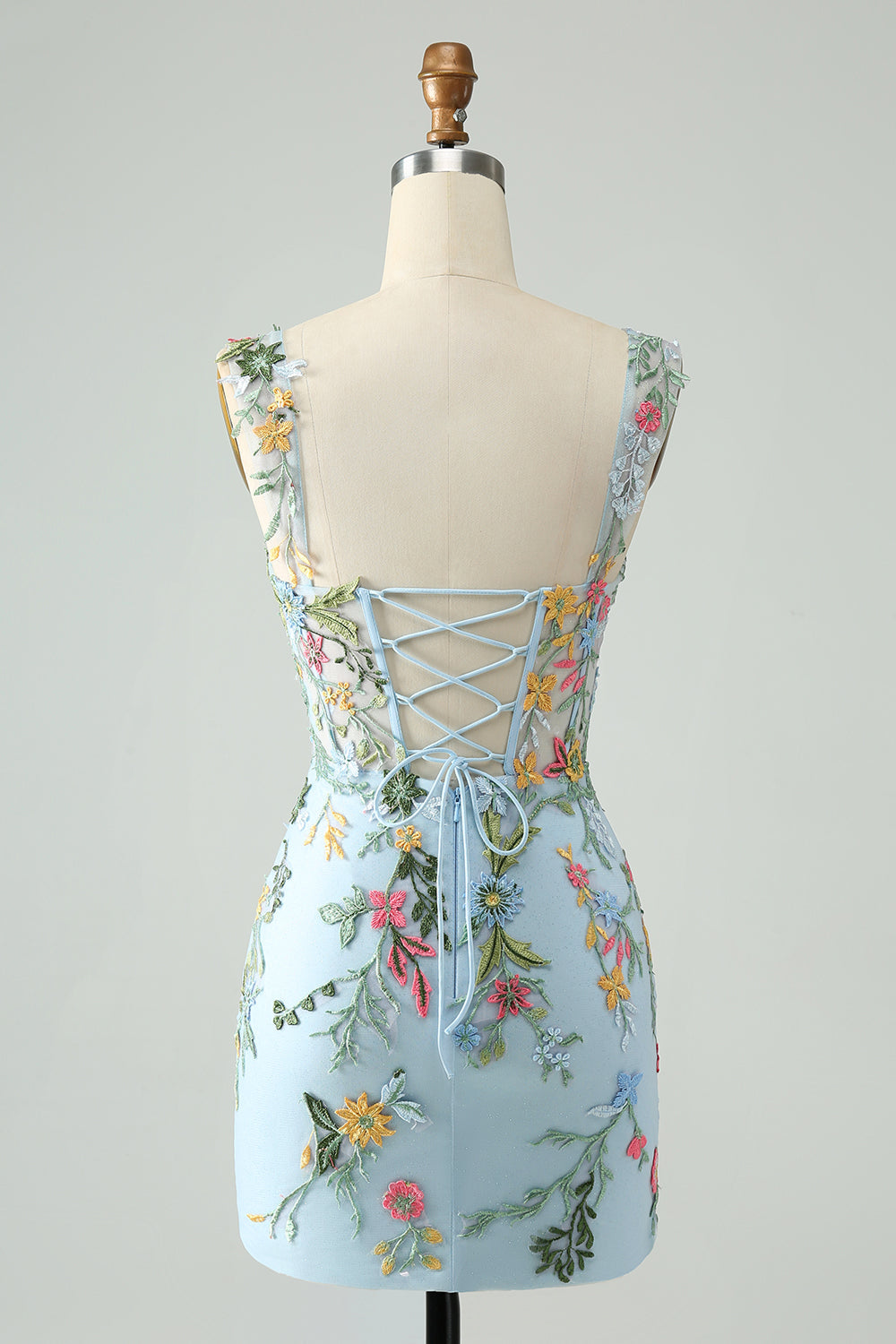 Blue Flower Mermaid Off The Shoulder Corset Short Homecoming Dress with Embroidery Beautiful