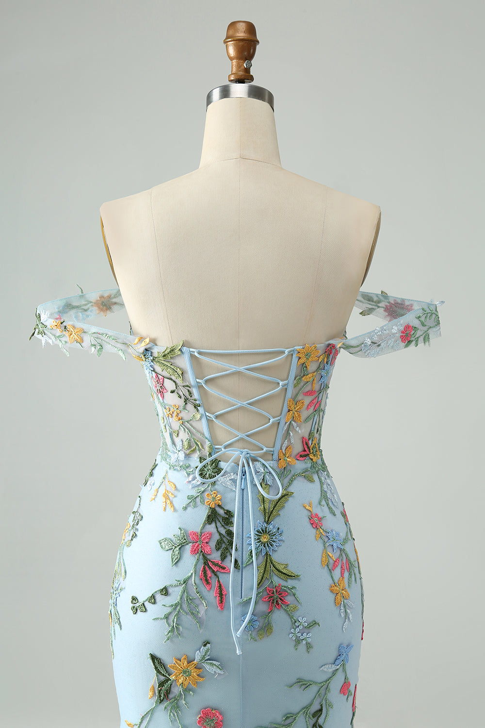 Blue Flower Mermaid Off The Shoulder Corset Short Homecoming Dress with Embroidery Beautiful