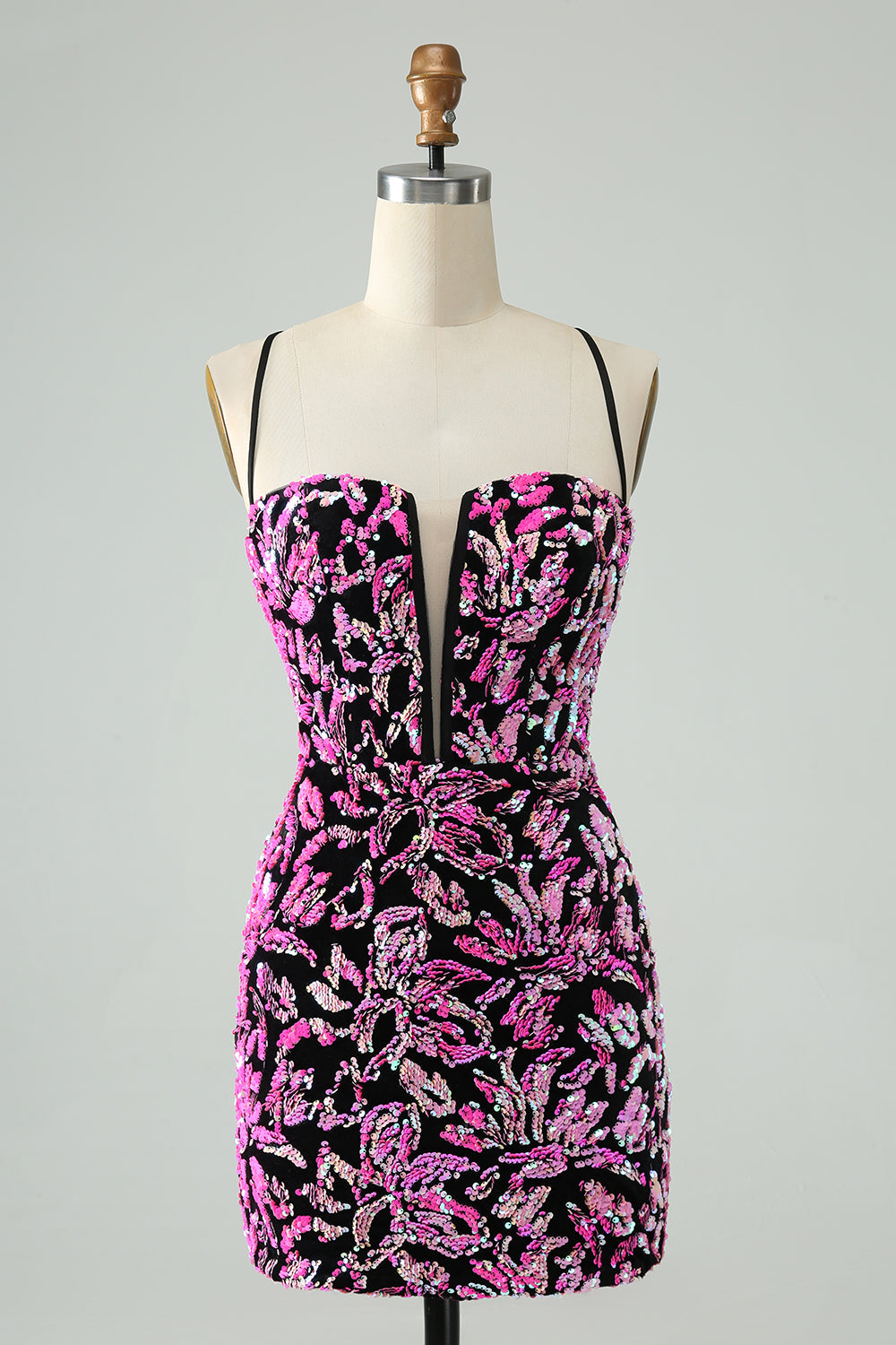 Pretty Fuchsia Black Bodycon Sparkly Sequin Short Homecoming Dress Sexy