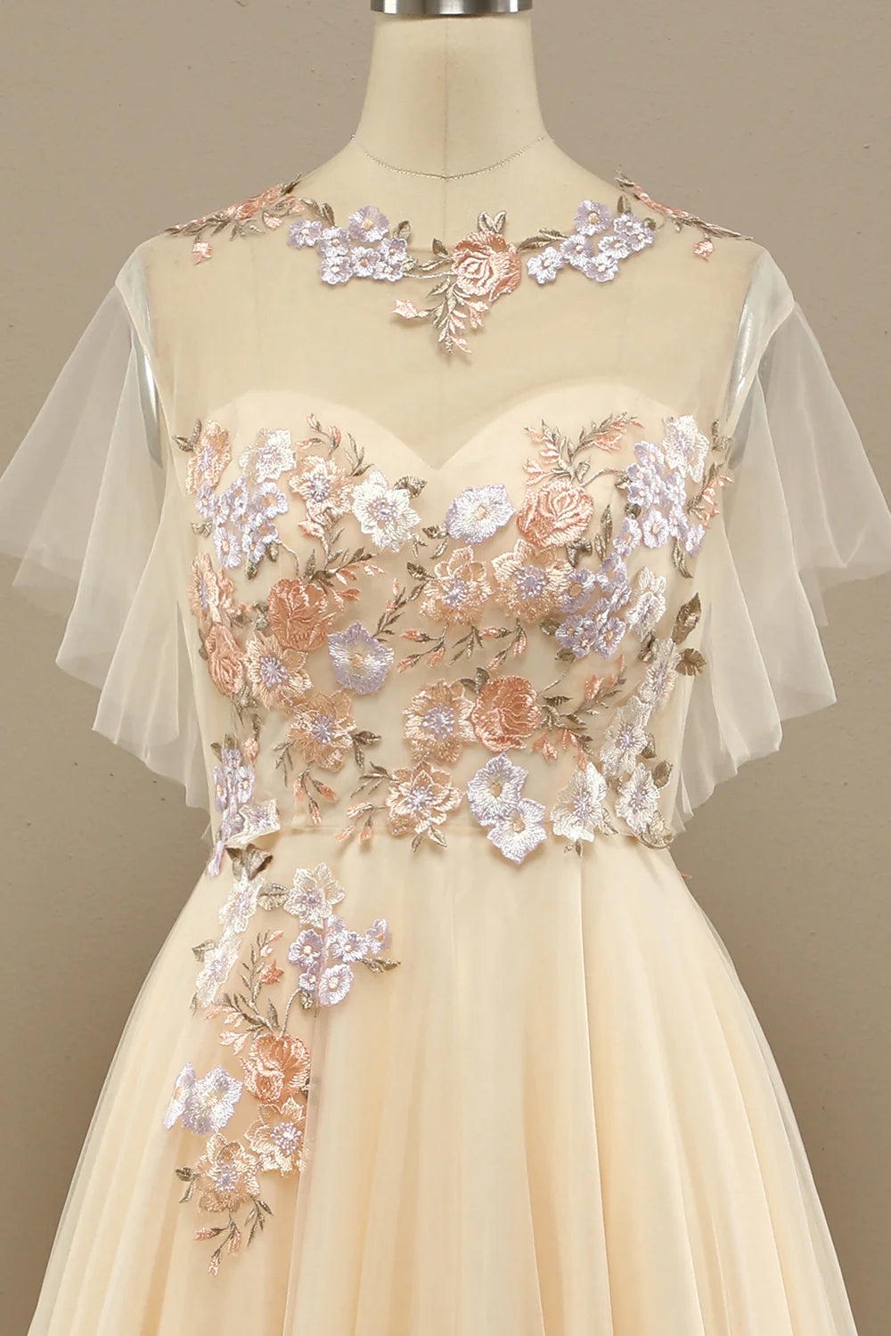 Yellow A Line Tulle Short Sleeves Long Prom Dress With Appliques Beautiful