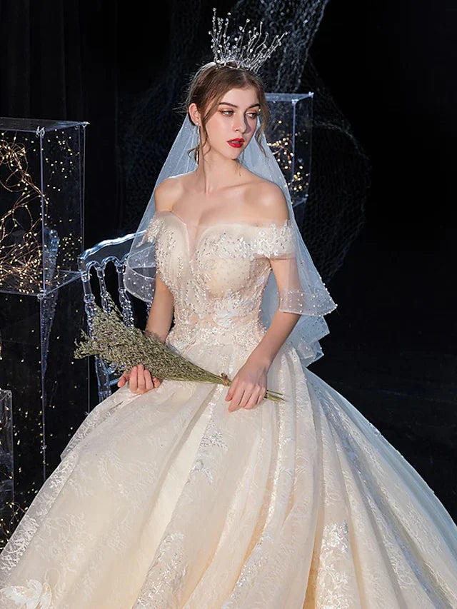 Ball Gown Wedding Dresses Off Shoulder Cathedral Train Tulle Lace Over Satin Sleeveless Formal Elegant with Crystals Embroidery