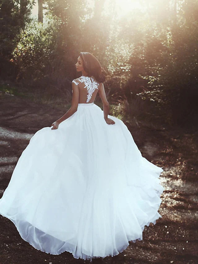 A-Line Wedding Dresses V Neck Court Train Chiffon Lace Cap Sleeve Country Romantic Sexy See-Through Backless with Lace Sashes Ribbons Slit front