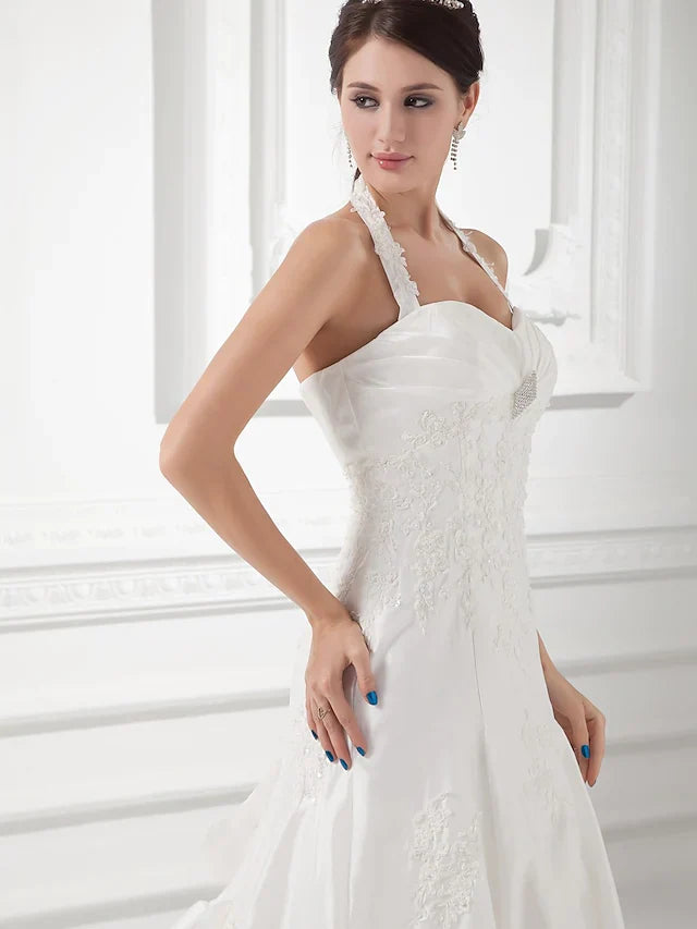A-Line Wedding Dresses Halter Neck Court Train Taffeta Spaghetti Strap Simple Vintage Plus Size with Ruched Beading Appliques